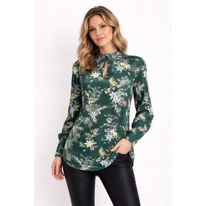 Oasis Green Women's Floral keyhole Business Preppy Casual Chic Blouse Size 8